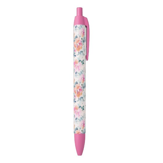 Roze en Blauwgroen Floral Patroon Zwarte Inkt Pen (Achterkant (Verticaal))