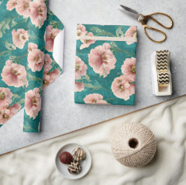  roze en Blauwgroen Floral Patroonontwerp Cadeaupapier