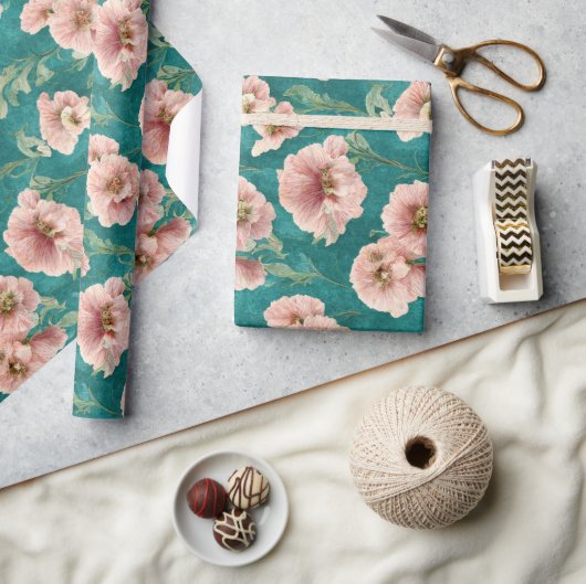  roze en Blauwgroen Floral Patroonontwerp Cadeaupapier (Crafts)