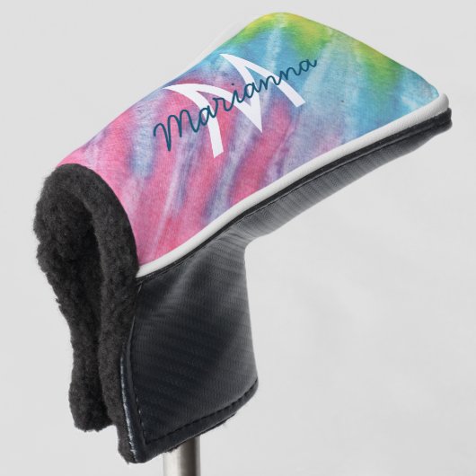 Roze en Blauwgroen Girly Tie Dye Monogrammen Golfheadcover (3/4 voorkant)