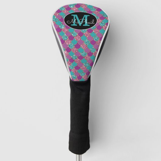 Roze en Blauwgroen Glittery Mermaid Monogram Golfheadcover (Voorkant)