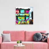 Roze en Blauwgroen Graffiti Art | Verlaten woning Canvas Afdruk (Insitu (Woonkamer))