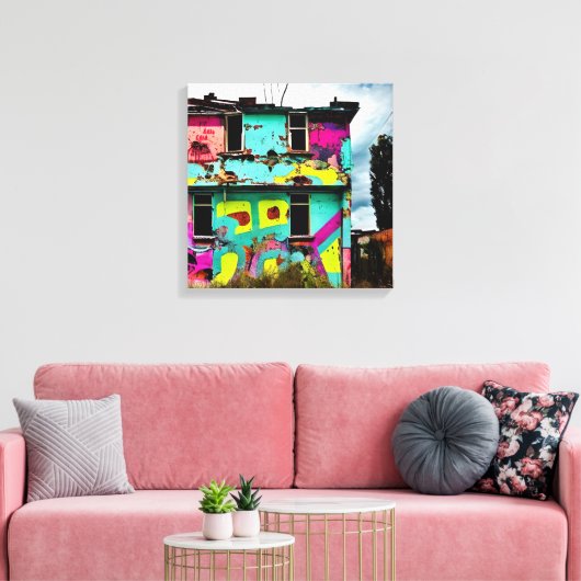 Roze en Blauwgroen Graffiti Art | Verlaten woning Canvas Afdruk (Insitu (Woonkamer))