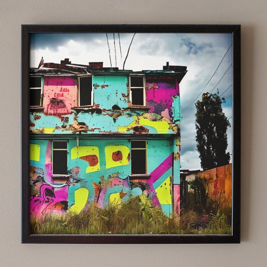 Roze en Blauwgroen Graffiti Art | Verlaten woning Canvas Afdruk