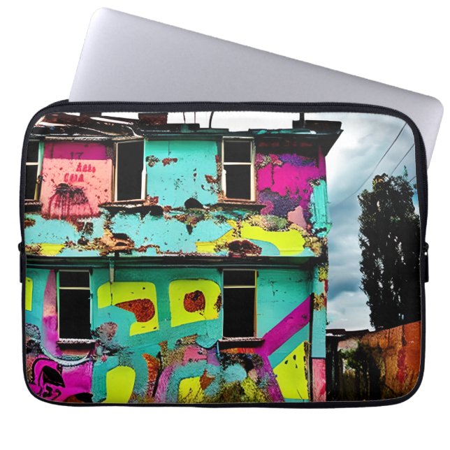 Roze en Blauwgroen Graffiti Art | Verlaten woning Laptop Sleeve (Voorkant)