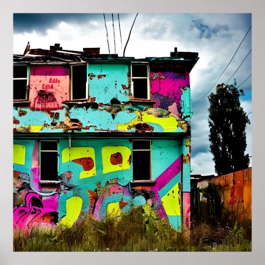 Roze en Blauwgroen Graffiti Art | Verlaten woning Poster (Voorkant)