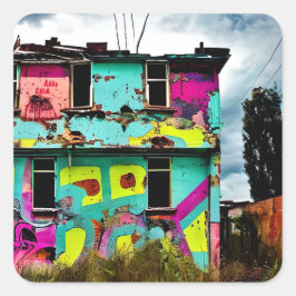 Roze en Blauwgroen Graffiti Art | Verlaten woning Vierkante Sticker