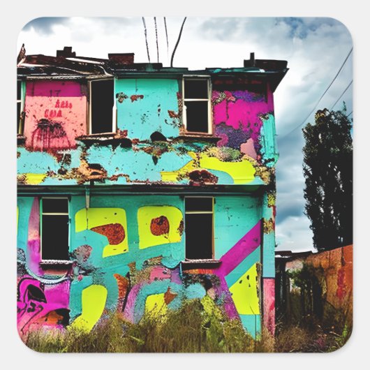 Roze en Blauwgroen Graffiti Art | Verlaten woning Vierkante Sticker (Voorkant)