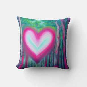 Roze en Blauwgroen hart in een Forest Pillow Kussen