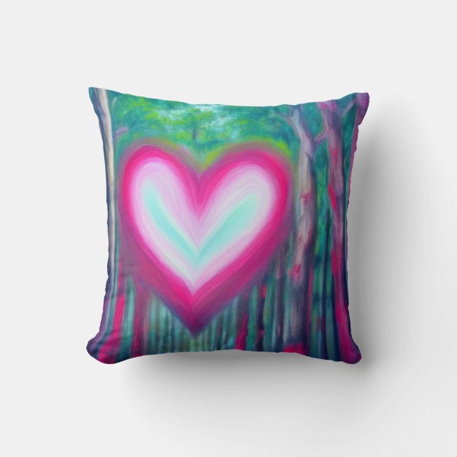 Roze en Blauwgroen hart in een Forest Pillow Kussen (Voorkant)
