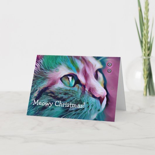 Roze en Blauwgroen Kat Art Meowy Kerstmis Kaart (Voorkant)