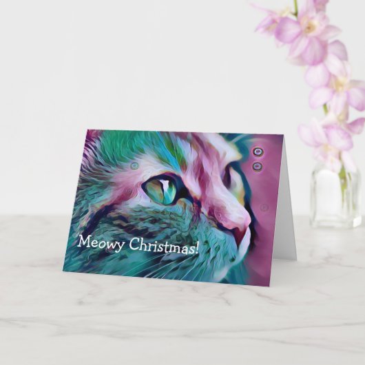 Roze en Blauwgroen Kat Art Meowy Kerstmis Kaart (Orchidee)