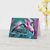 Roze en Blauwgroen Kat Art Meowy Kerstmis Kaart (Gele Bloem)