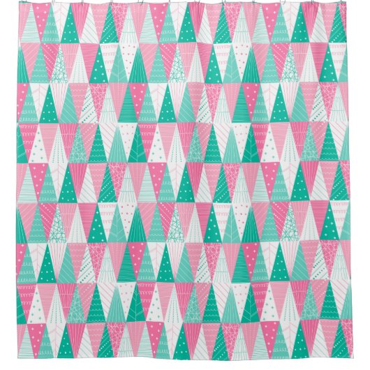 Roze en Blauwgroen kerstbomen Douchegordijn (Voorkant)