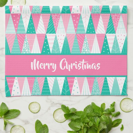 Roze en Blauwgroen kerstbomen Theedoek (Gevouwen)