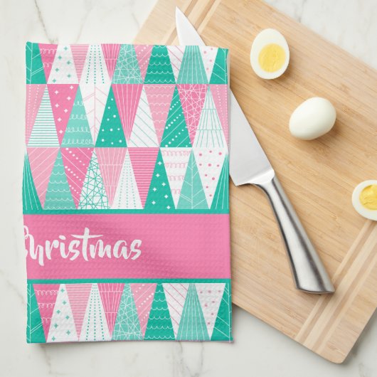 Roze en Blauwgroen kerstbomen Theedoek (Quarter Fold)