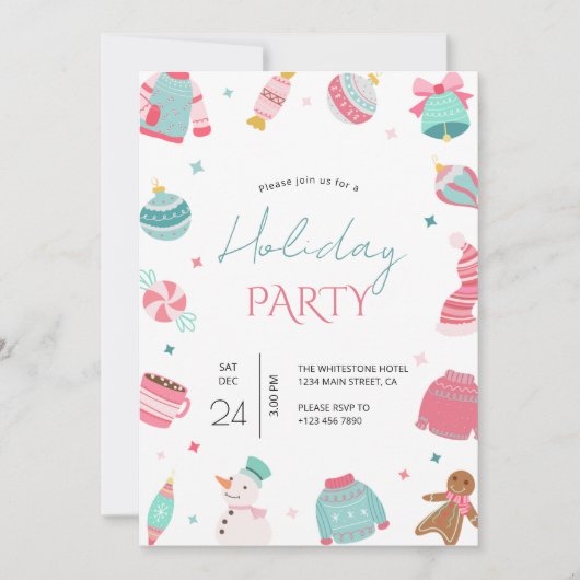 Roze en Blauwgroen Kerstuitnodiging Kaart (Voorkant)