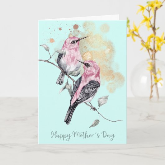 Roze en Blauwgroen kolibries Moederdag Kaart (Gele Bloem)