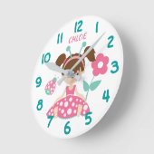 Roze en Blauwgroen Ladybug Girl Ronde Klok (Hoek)