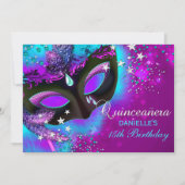 Roze en Blauwgroen Masquerade Quinceanera Uitnodig Kaart (Voorkant)