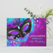 Roze en Blauwgroen Masquerade Quinceanera Uitnodig Kaart (Staand voorkant)