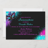 Roze en Blauwgroen Masquerade Quinceanera Uitnodig Kaart (Achterkant)