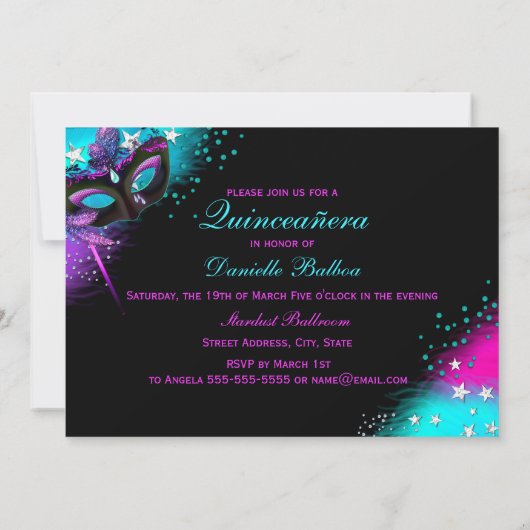 Roze en Blauwgroen Masquerade Quinceanera Uitnodig Kaart (Achterkant)