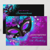 Roze en Blauwgroen Masquerade Quinceanera Uitnodig Kaart (Voorkant / Achterkant)
