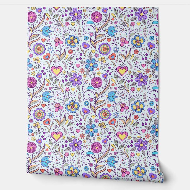 Roze en Blauwgroen Modern doodle bloemenprint patr Behang (Afrollen)