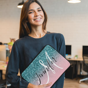 Roze en Blauwgroen Ombre Glitter Monogrammed Laptop Sleeve