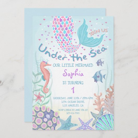 Roze en Blauwgroen onder het Zee Zeemeermin Verjaa Kaart (Voorkant / Achterkant)