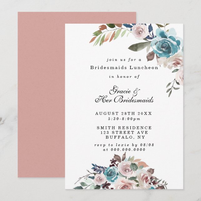 Roze en Blauwgroen Peony Bridesmaids Luncheon Invi (Voorkant / Achterkant)