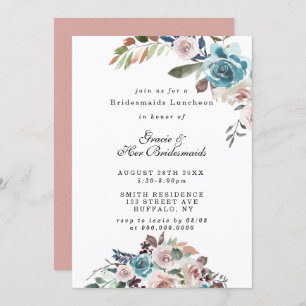 Roze en Blauwgroen Peony Bridesmaids Luncheon Invi
