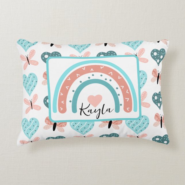 Roze en Blauwgroen regenbogen, buiken en hart Accent Kussen (Voorkant)