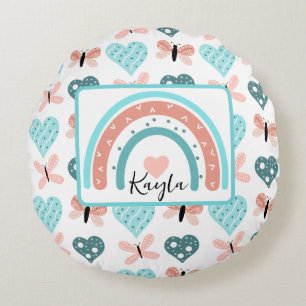 Roze en Blauwgroen regenbogen, buiken en hart Rond Kussen