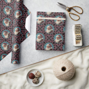 Roze en Blauwgroen Retro Santa Mandala Geometrisch Cadeaupapier