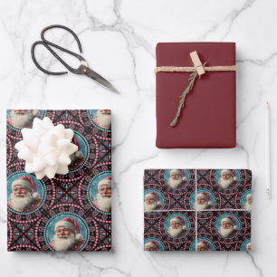Roze en Blauwgroen Retro Santa Mandala Geometrisch Inpakpapier Vel