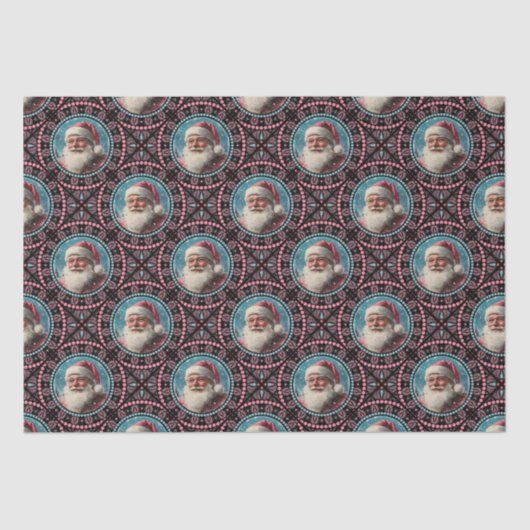 Roze en Blauwgroen Retro Santa Mandala Geometrisch Tissuepapier (Voorkant)