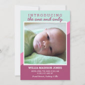 Roze en Blauwgroen Retro Stripes Baby Geboorte Aankondiging (Voorkant)