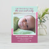 Roze en Blauwgroen Retro Stripes Baby Geboorte Aankondiging (Staand voorkant)