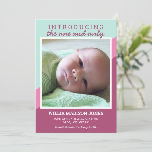 Roze en Blauwgroen Retro Stripes Baby Geboorte Aankondiging (Staand voorkant)