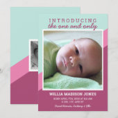 Roze en Blauwgroen Retro Stripes Baby Geboorte Aankondiging (Voorkant / Achterkant)