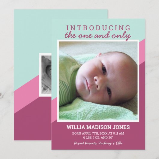 Roze en Blauwgroen Retro Stripes Baby Geboorte Aankondiging (Voorkant / Achterkant)