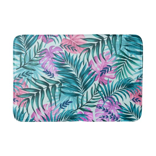 Roze en Blauwgroen tropische palmen en zwarte blad Badmat (Voorkant)