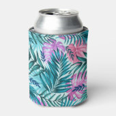 Roze en Blauwgroen tropische palmen en zwarte blad Blikjeskoeler (Blikje Voorkant)