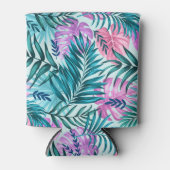 Roze en Blauwgroen tropische palmen en zwarte blad Blikjeskoeler (Voorkant)