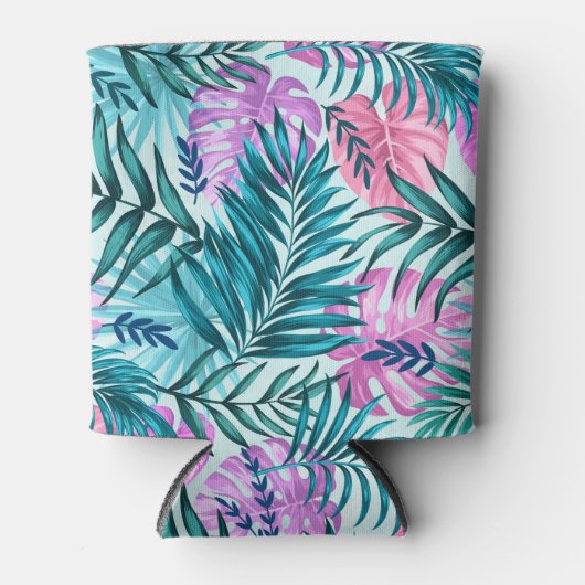 Roze en Blauwgroen tropische palmen en zwarte blad Blikjeskoeler (Voorkant)