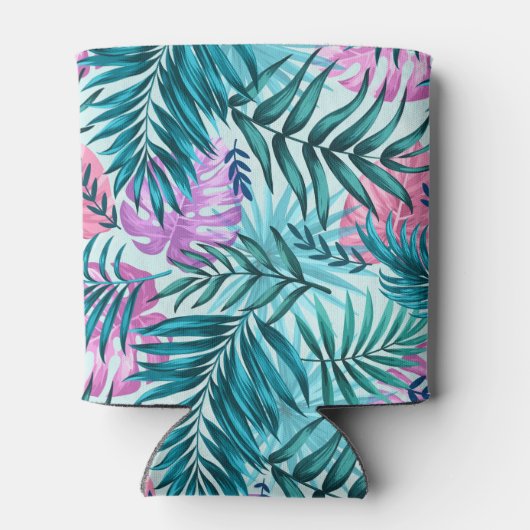 Roze en Blauwgroen tropische palmen en zwarte blad Blikjeskoeler (Achterkant)