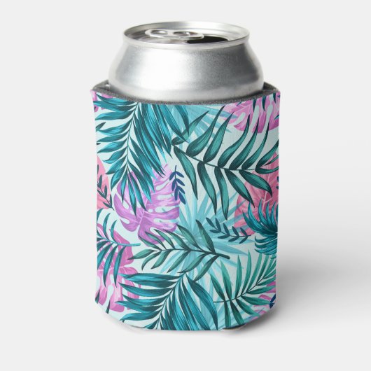 Roze en Blauwgroen tropische palmen en zwarte blad Blikjeskoeler (Blikje Achterkant)