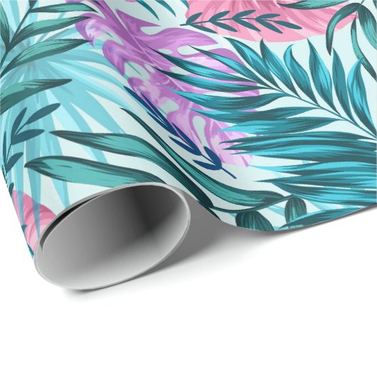 Roze en Blauwgroen tropische palmen en zwarte blad Cadeaupapier (Rol Hoek)